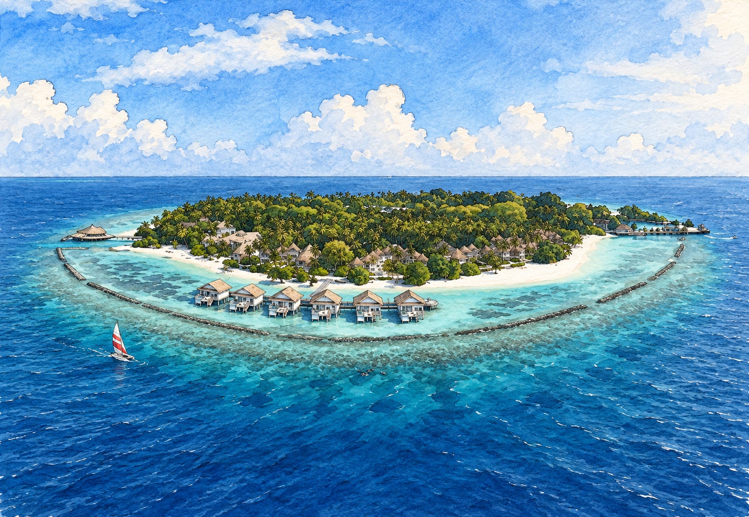Illustration of Bandos Maldives: island and beach. Illustration of Bandos Maldives: island and beach.
