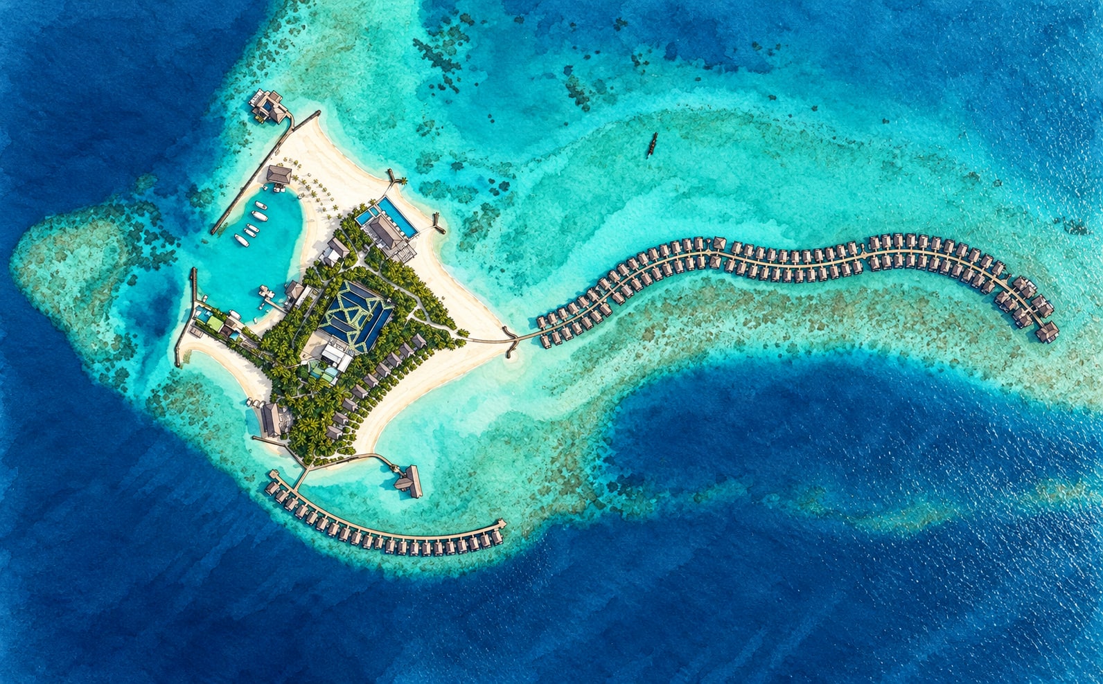 Illustration of Grand Park Kodhipparu Maldives: island and curved villa jetties. Illustration of Grand Park Kodhipparu Maldives: island and curved villa jetties.
