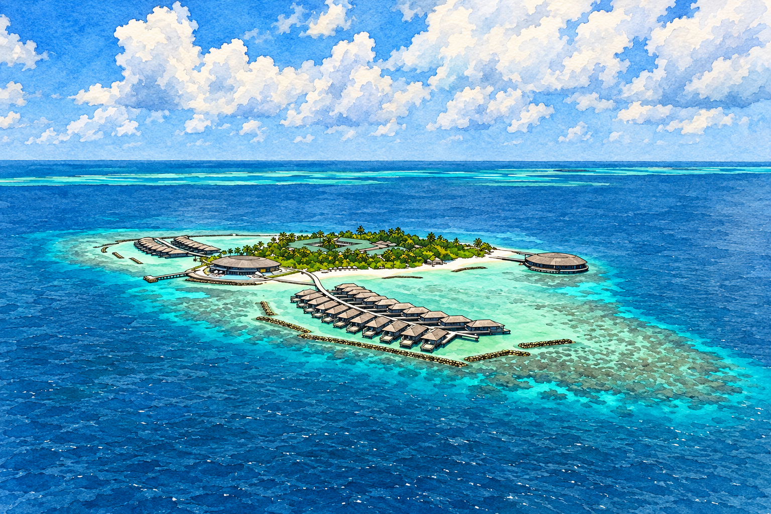 Illustration of Kagi Maldives Resort & Spa: island and water villas. Illustration of Kagi Maldives Resort & Spa: island and water villas.
