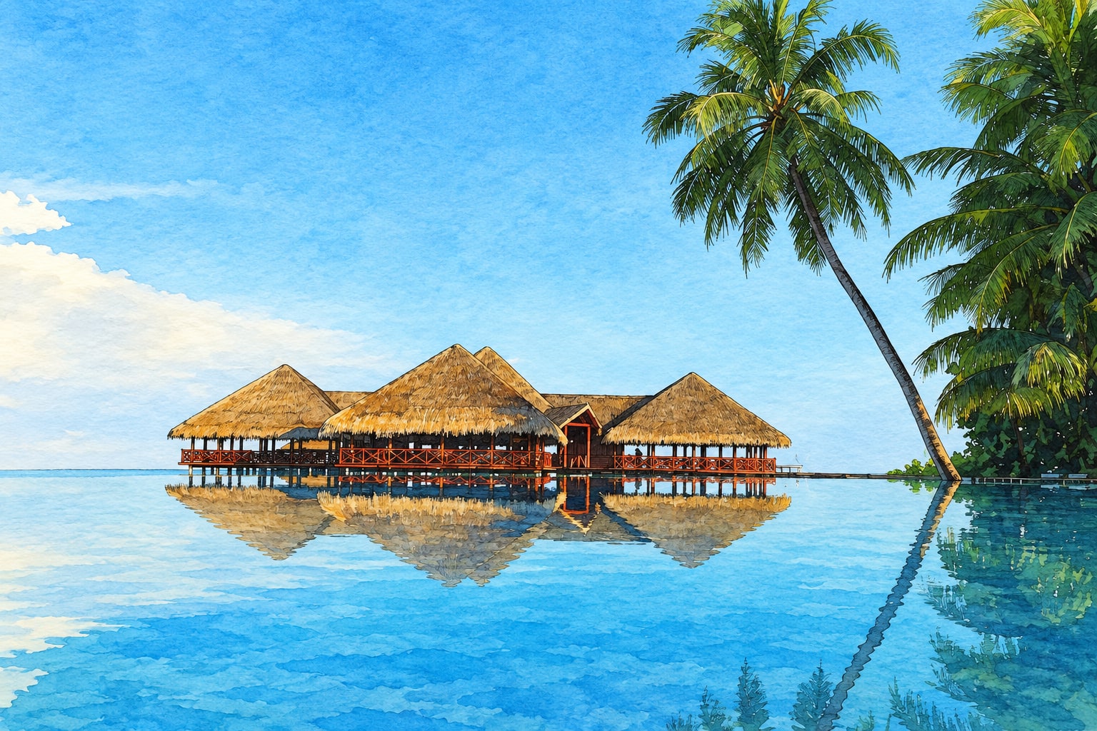 Illustration of Medhufushi Island Resort: overwater pavilions and palms. Illustration of Medhufushi Island Resort: overwater pavilions and palms.