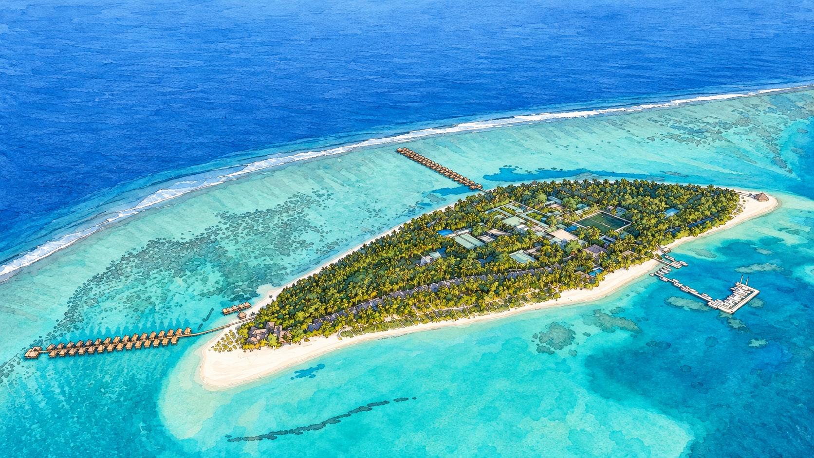 Illustration of Meeru Maldives Resort Island: aerial island view. Illustration of Meeru Maldives Resort Island: aerial island view.