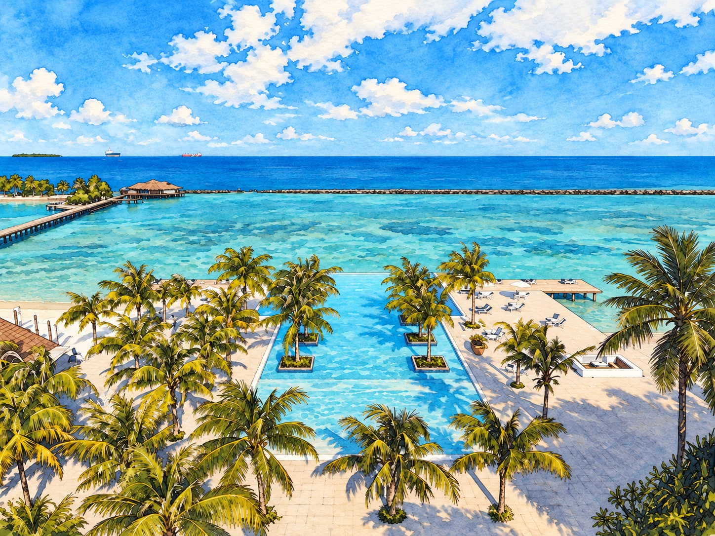 Illustration of Villa Nautica Paradise Island Resort: pool, palms and lagoon. Illustration of Villa Nautica Paradise Island Resort: pool, palms and lagoon.